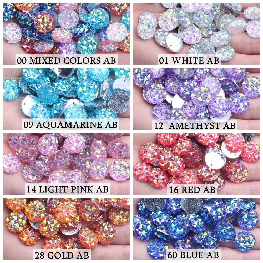 Стразы с плоской задней поверхностью из смолы 14 мм 100 шт. AB цвета 2 отверстиями