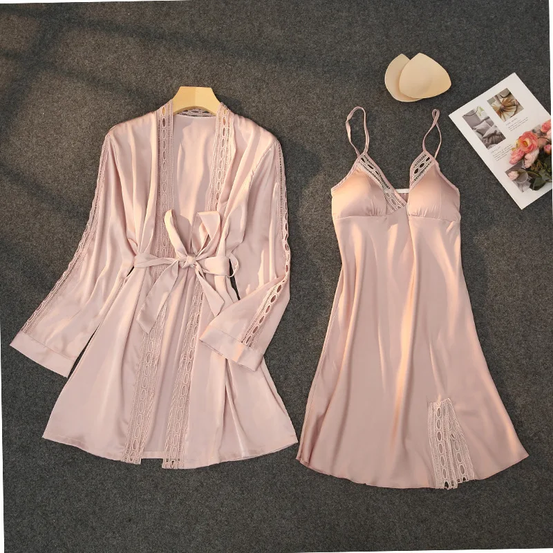 

Sexy Satin Bathrobe Sets Bride Wedding 2 Pcs Nighty Robe Gown Suit Silky Womens Cami Nightgown Summer Sleep Dress Sleepwear