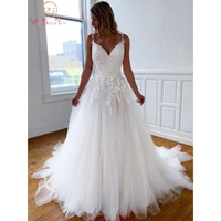 white v neck tulle long wedding dresses lace appliques spaghetti straps backless a line beaded bridal gowns formal bride dresses