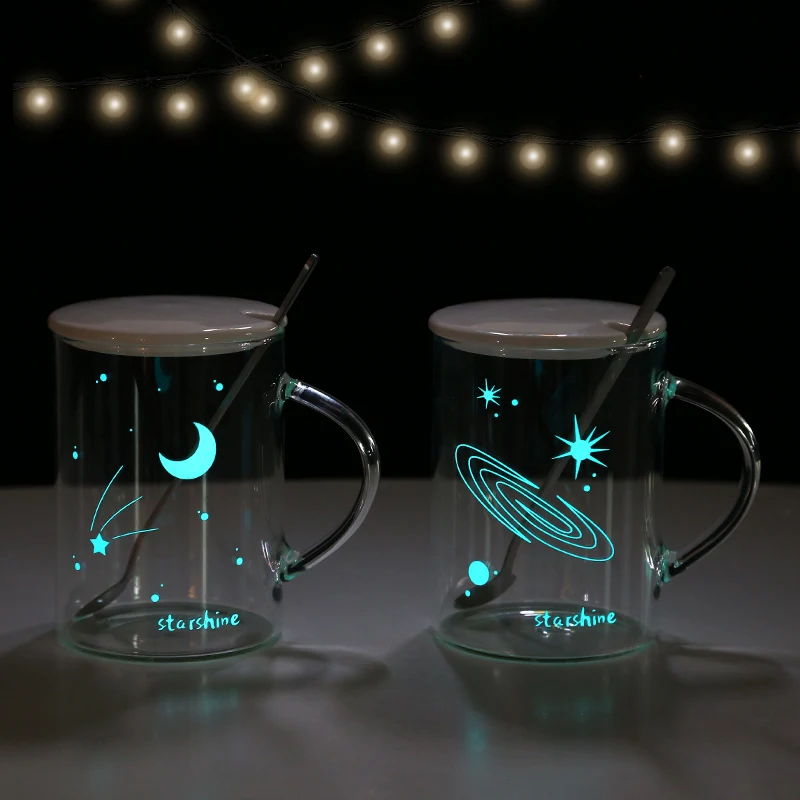 Ins световой Стекло чашки Творческий Starshine чашка для молока воды с ложкой крышкой