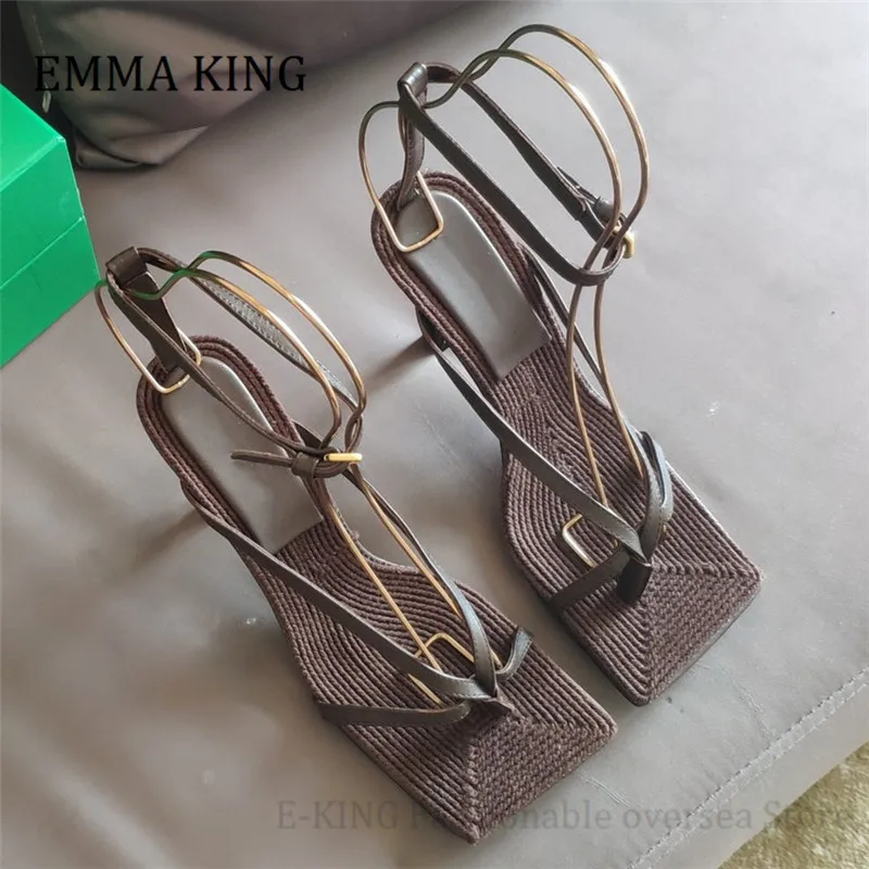

Women Ankle Straps Sandals Square Toe Stiletto Heels Sandals Rope Weave Stretch Gladiator Sandals Wedding Party Womens Shoes