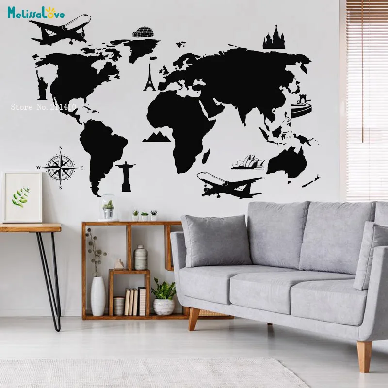 

World Map Wall Decals Home Décor Living Room National Landmark Attractions New Design Feeling Exotic Vinyl Sticker YT4537