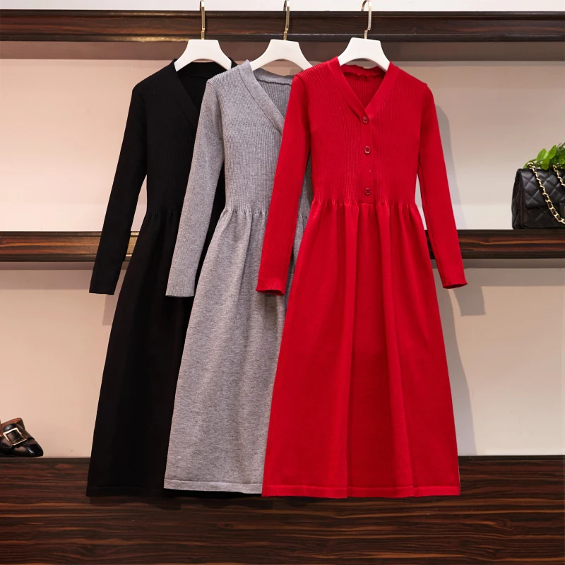 

Big Size Women's Clothes, Fat Mm, Belly Covering In Autumn And Winter, V-collar Waist Dress, Fat Sister's Age-reducing Knitted B