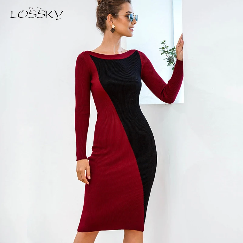 Женское трикотажное платье Lossky Осеннее/зимнее футляр до колена с длинным рукавом