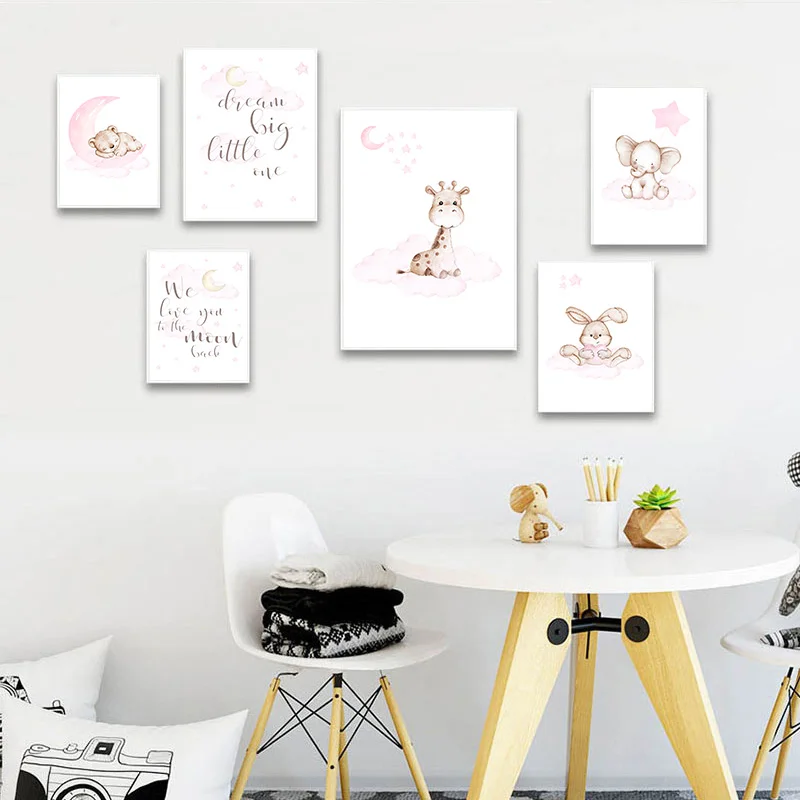 

Pink Bunny Cartoon Child Poster Bunny Moon Nursery Quotes Art Canvas Print Wall Painting Nordic Kid Baby Room Decoration Picture