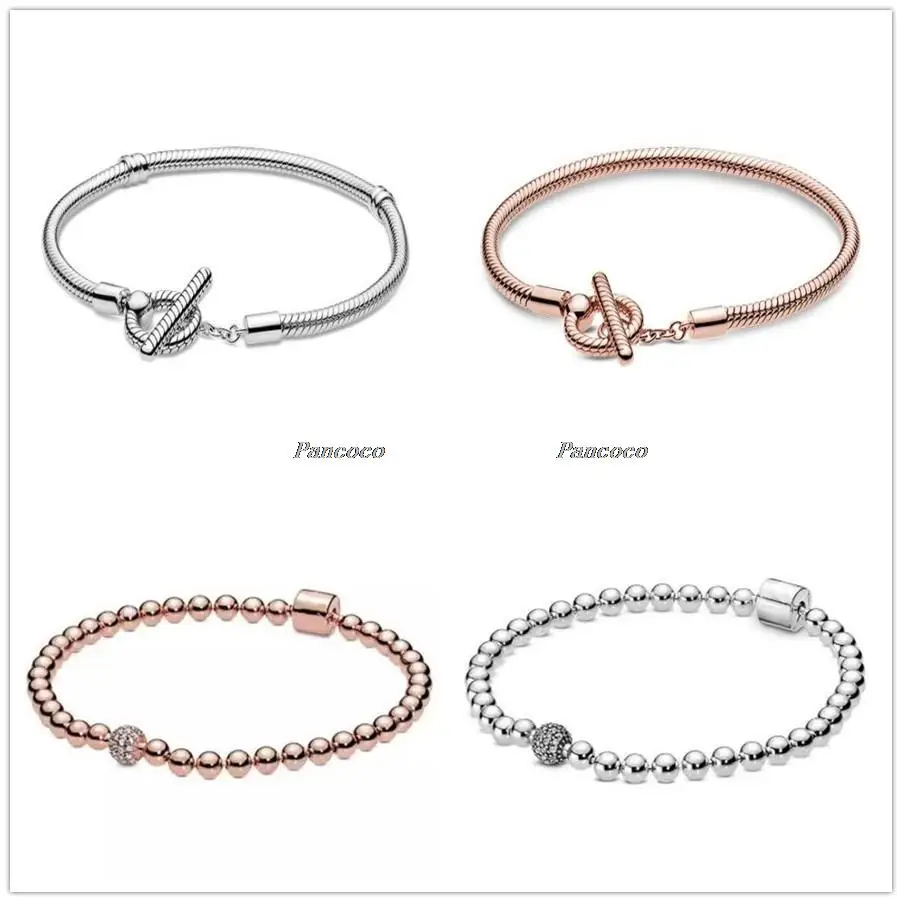 

Authentic 925 Sterling Silver Rose Gold Beads & Pave Crystal Sliding Bracelet Bangle Fit Women Bead Charm Fashion Jewelry
