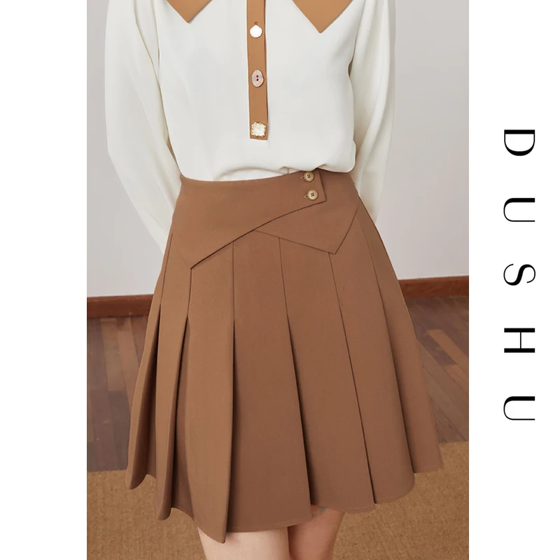 

DUSHU Plus size sexy mini pleated skirt Women preppy style vintage black a-line skirt Spring summer cute high waist skirt female