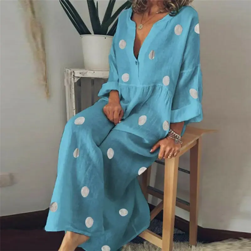 Plus Size Women Boho V-neck Long Shirt Dress Summer Holiday Polka Dot Maxi | Женская одежда