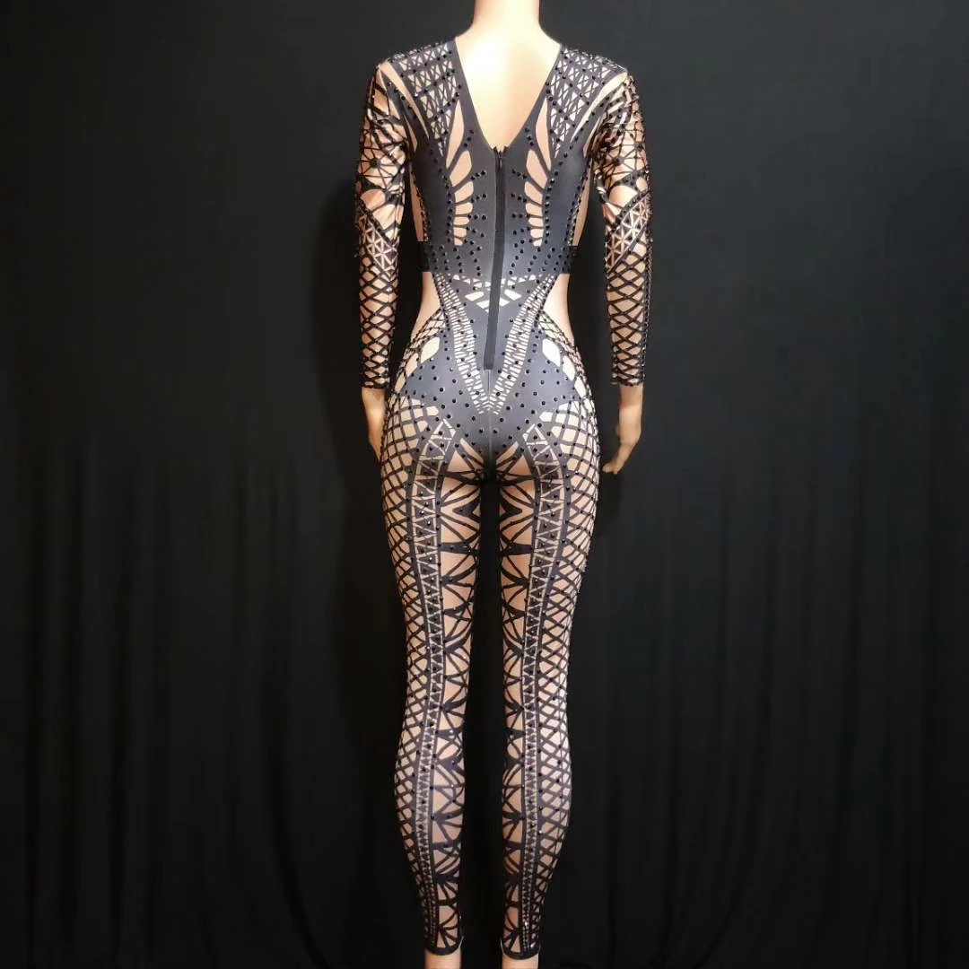 Женский комбинезон Стразы с длинным рукавом вечернее эластичное боди из