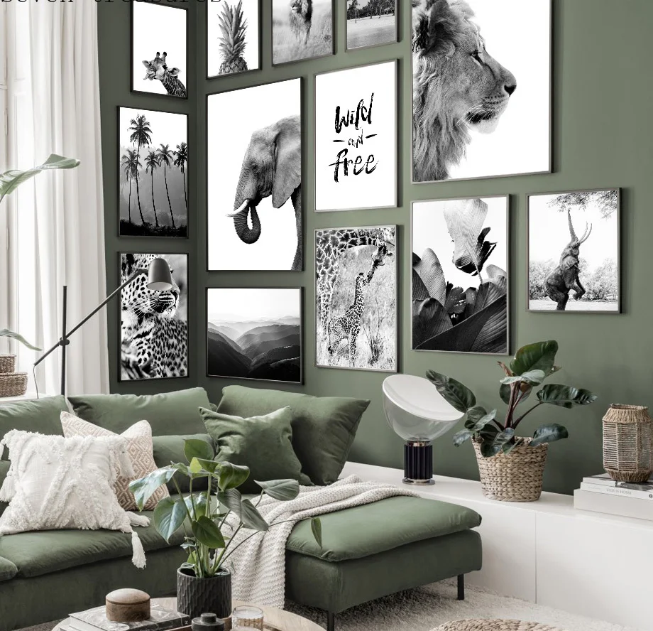 

Черно-белый постер с животными, Лев, жираф, листья, Картина на холсте для интерьера, современное нордическое украшение для дома и комнаты