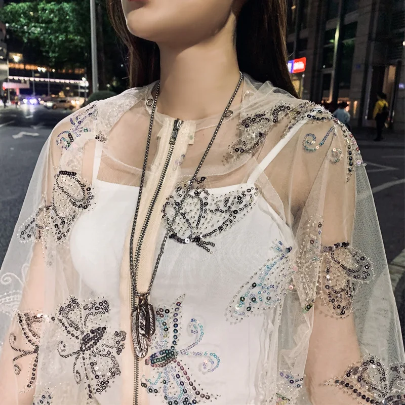 

QING MO Women Mesh Sun Protection Coat 2021 Summer Women Butterfly Coat With Sequin Female Perspective Thin Coat ZQY7281