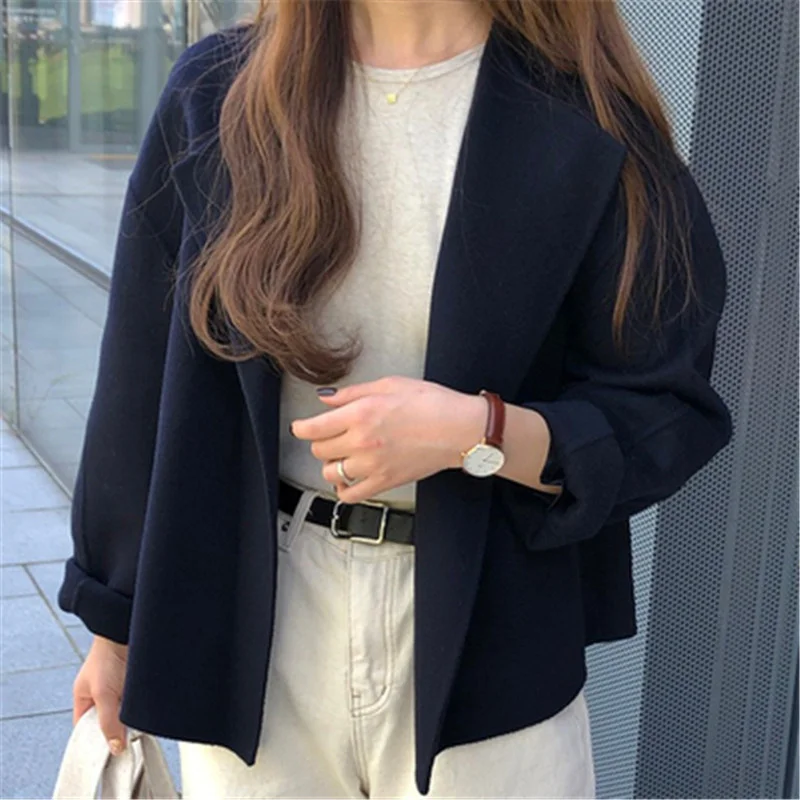 

Твидовые короткие женские куртки осень зима Корейский простой V-образный вырез свободные женские повседневные однотонные пальто 2022