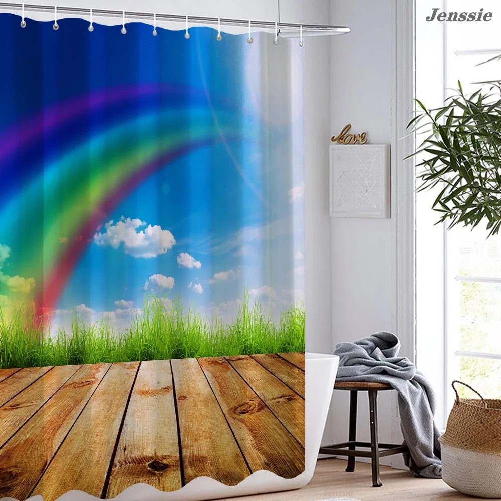 

3D Rainbow Raindrop Clouds Sun Printed Polyester Shower Curtains Waterproof Bathroom Curtain Colorful Bath Curtain Washable