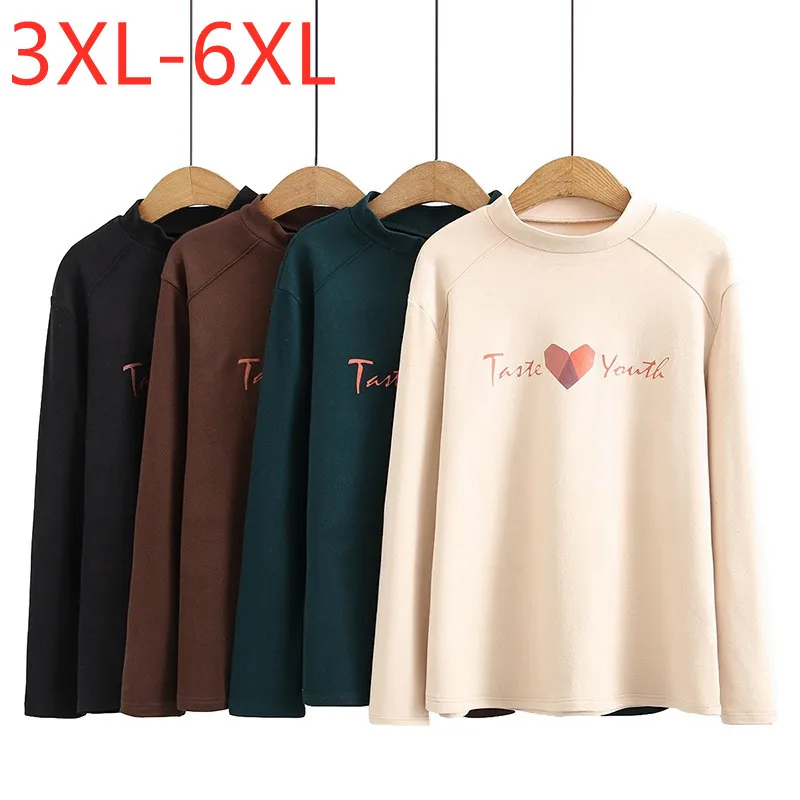 

New 2021 Ladies Autumn Winter Plus Size Basic Tops For Women Large Long Sleeve Slim Keep Warm Beige T-Shirt 3XL 4XL 5XL 6XL