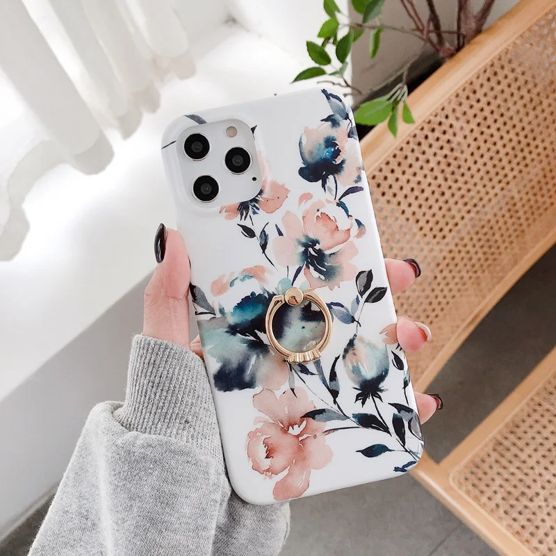 

Flowers Ring Bracket For iPhone Case For iPhone 11 Pro 12 Max XR X XS Max 7 8 Plus Mini Bumper TPU IMD Soft Back Cover