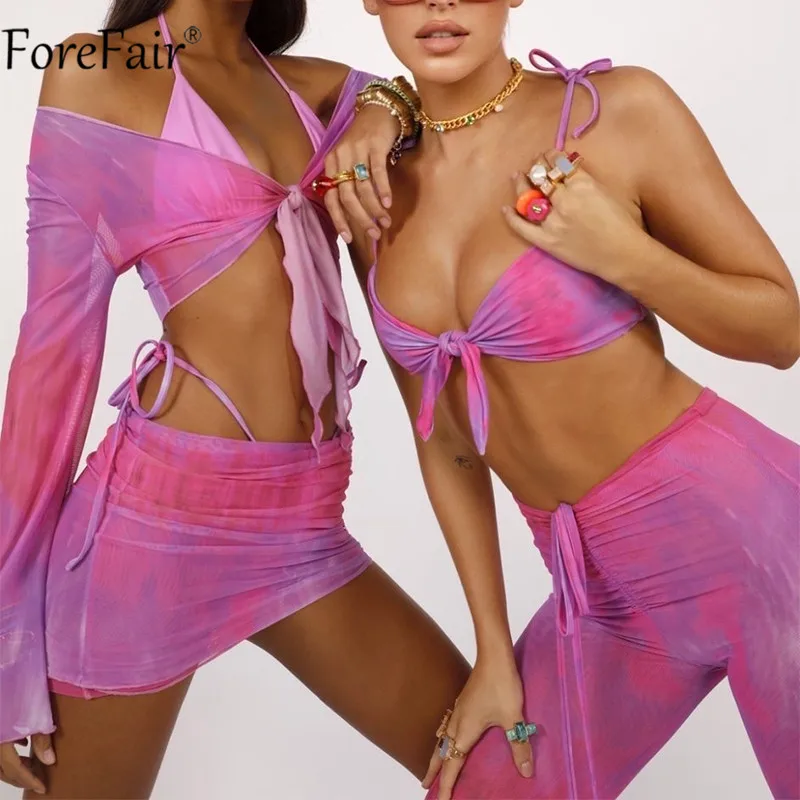 

Forefair Summer Tie Dye Women Set V Neck Long Sleeve Mesh Sexy Y2k Crop Top And Ruched Bodycon Mini Skirt Beach Two Piece Sets