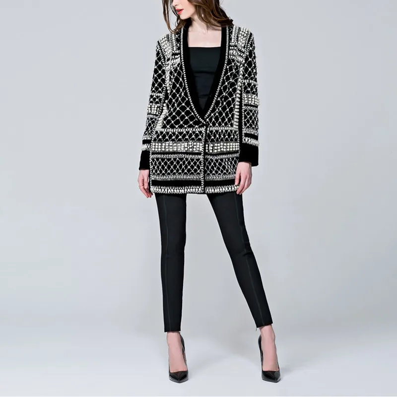 

Latest Runway New Fashion Top Quality Womens Pearls Handmade Beads Novelty Long Sleeve Jacket Luxury Black Outerwear Coats