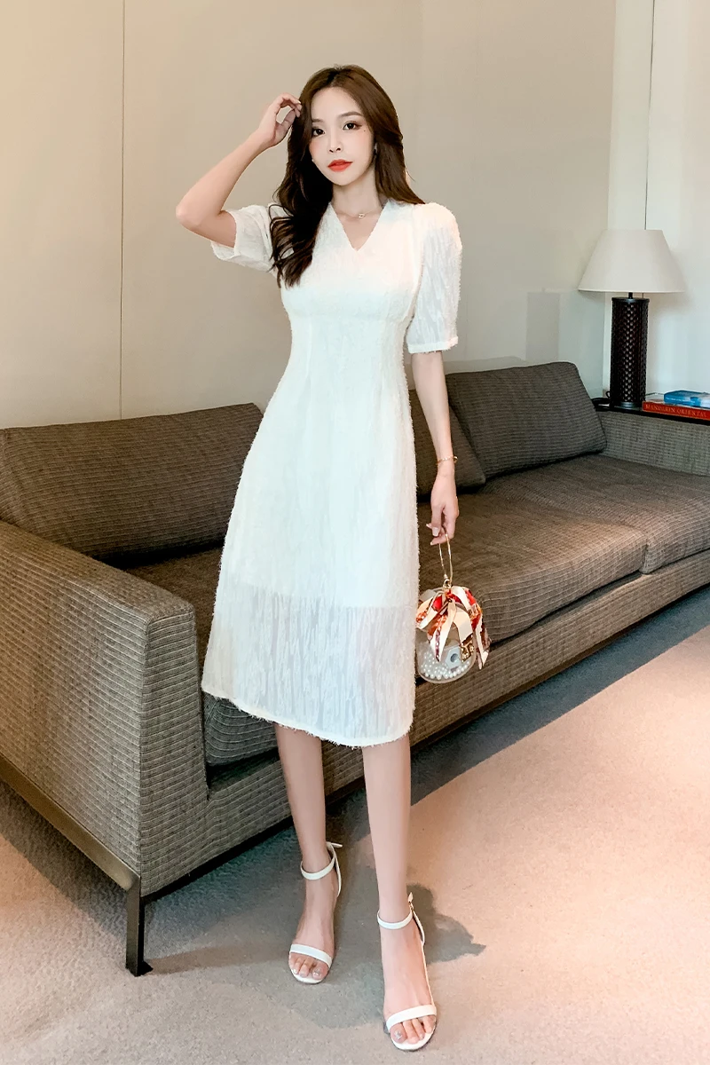 

2020 New Arrival High Quality V Collar Short Sleeve Sexy Slim Women Chiffon Dress