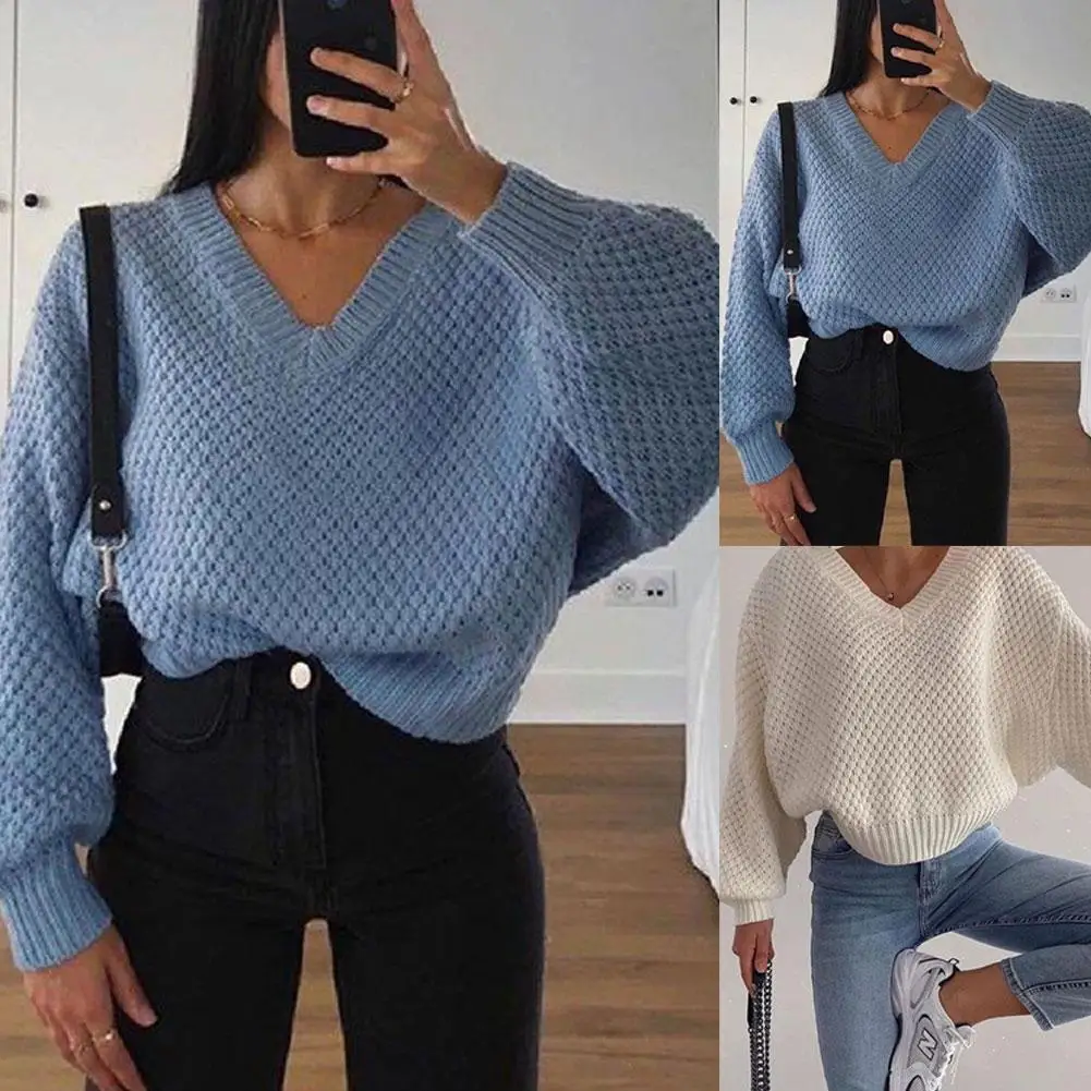 

Knitted Loose Women Sweater Casual V Neck Long Sleeve Pullover Sweaters 2021 Autumn Winter Embroidery Sweater Oversize Top