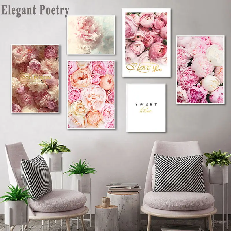 Картина на холсте скандинавский декор элегантный цветок пиона фраза Постер и