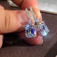 luxury crystal zircon earrings princess white cubic zirconia earrings square aaa cz crystal wedding hoop clip on earrings