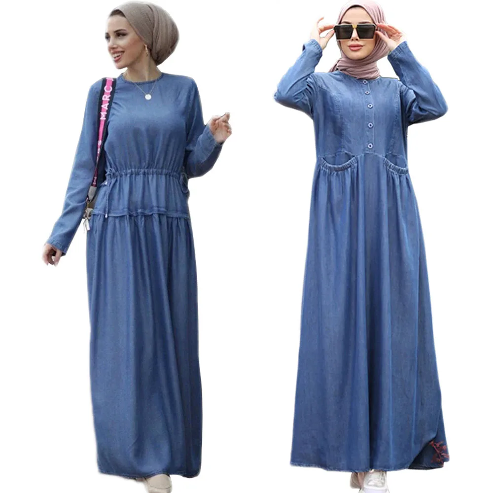 

Vintage Muslim Women Denim Long Dress Abaya Islamic Turkey Middle East Drawstring High Waist Full Length Maxi Robe Gown Arabic