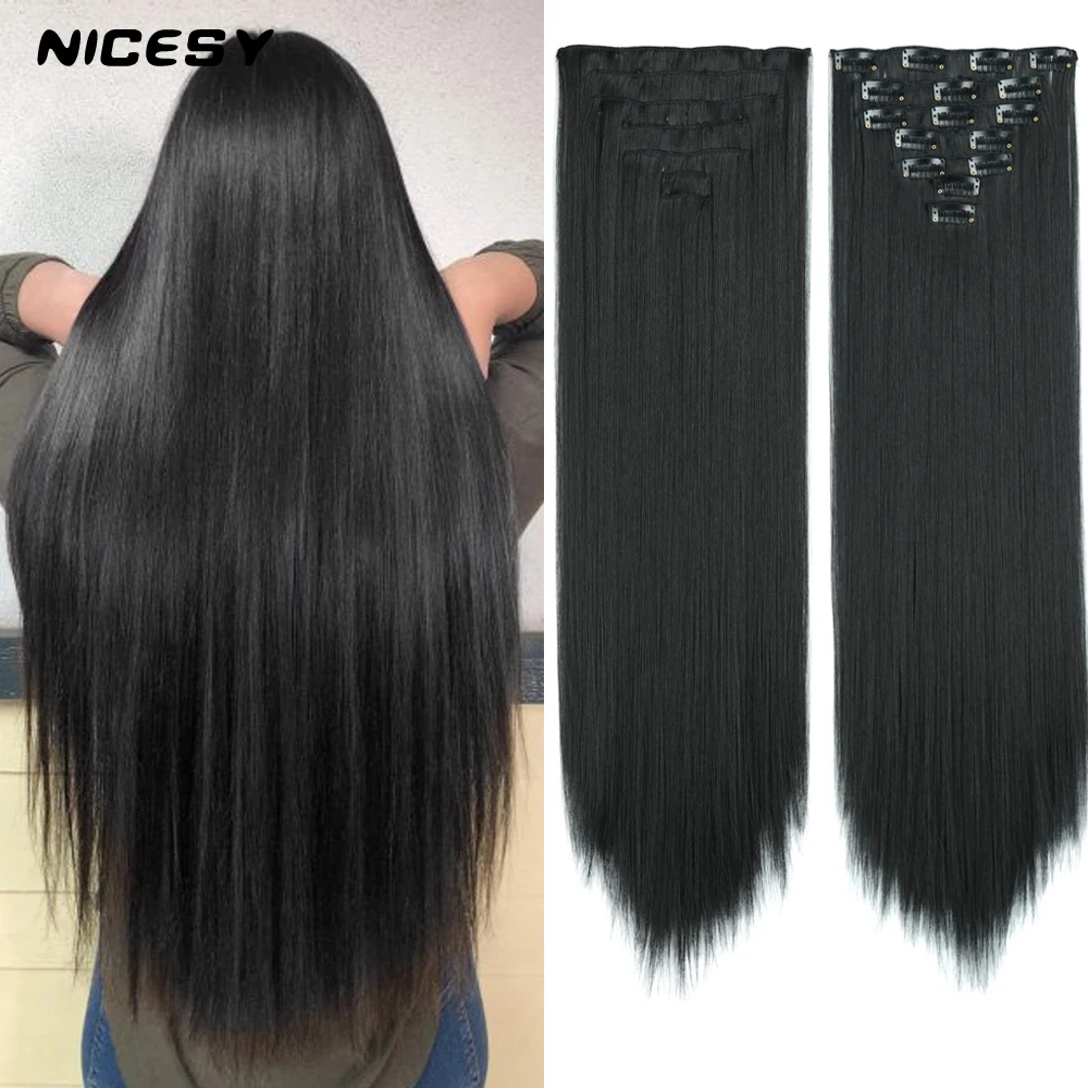 

NICESY Black Long Straight Synthetic 16 Clips In Hair Extension Heat Hairpiece 7Pcs/Set 24 Inches 140g High Temperature Fiber
