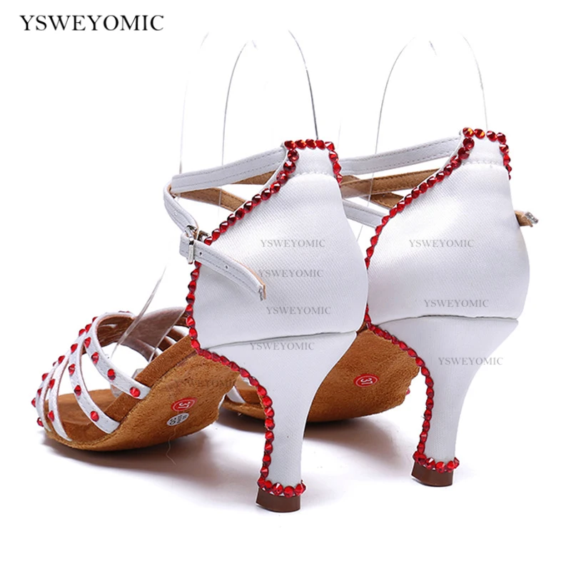 Competitive Dance Shoes White Satin Red Rhinestones Latin Ballroom Women Dance Shoes Indoor Medium Heel 7cm