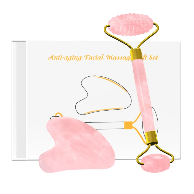 Gua Sha-Rodillo de cuarzo rosa para masaje Facial, juego de raspador para masaje Facial, Kit de Gouache de cristal Rosa Natural 100%, herramientas para el cuidado de la piel