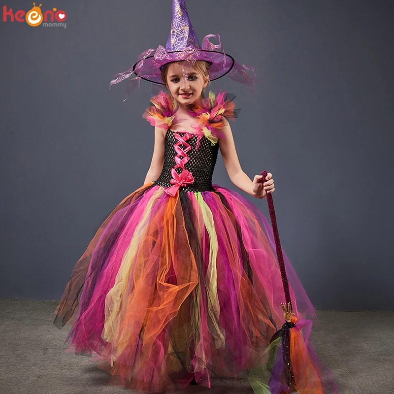 Vestido de tut&uacute; de arco&iacute;ris para ni&ntilde;a y bruja malvada, disfraz para ni&ntilde;os de Halloween, Carnaval, Cosplay, fiesta, vestido de baile elegante para desfile-0