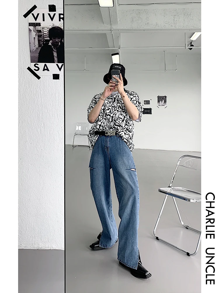 

2020! Модные мужские мешковатые джинсы с разрезом! Мужские джинсы с эффектом потертости