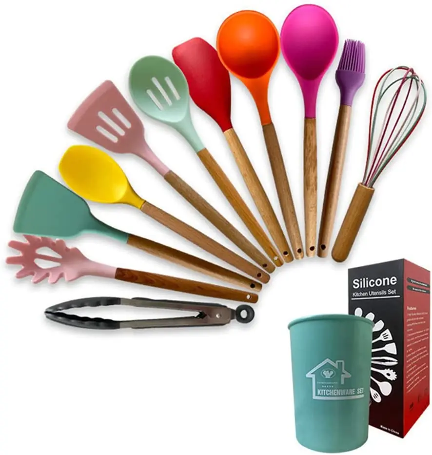 

17 Pcs Silicone Cooking Kitchen Utensils Set with Holder Wooden Handles BPA Free Turner Tongs Spatula Spoon Nonstick Cookware