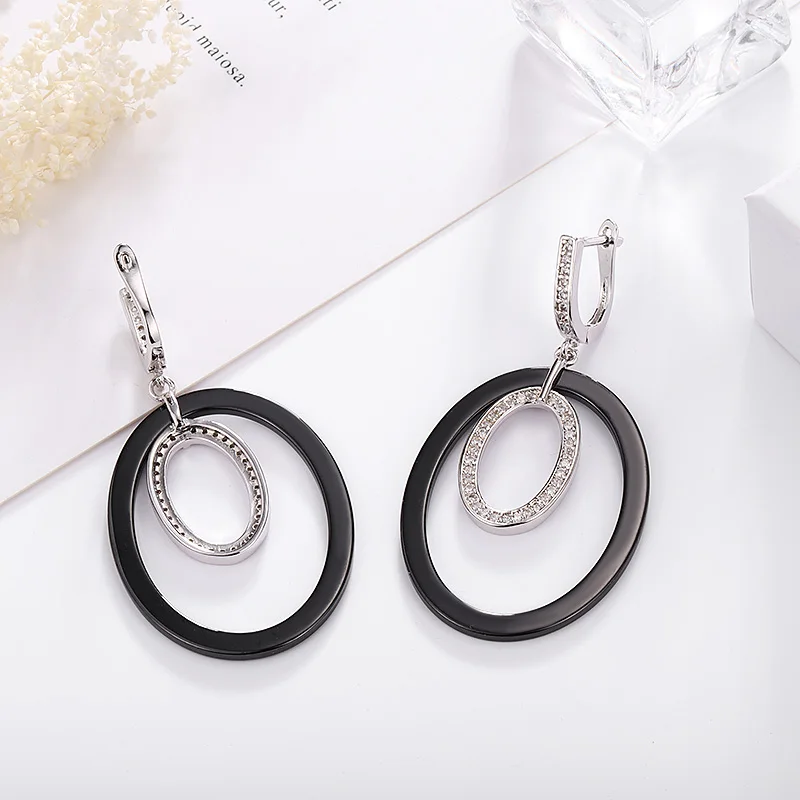 Женские керамические серьги с фианитом большие круглые золотого и серебряного