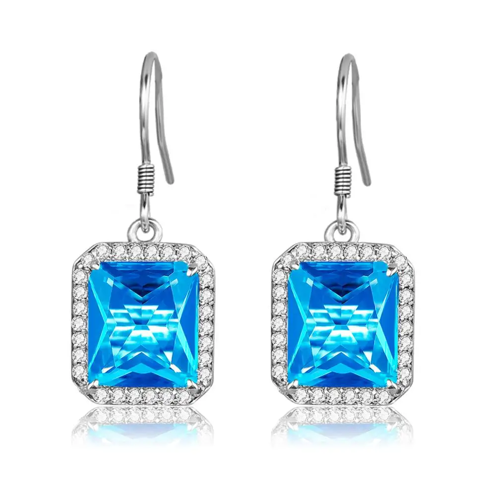 Новые модные 100% подлинное Серебро 925 серьги Небесно Голубой топаз квадратный
