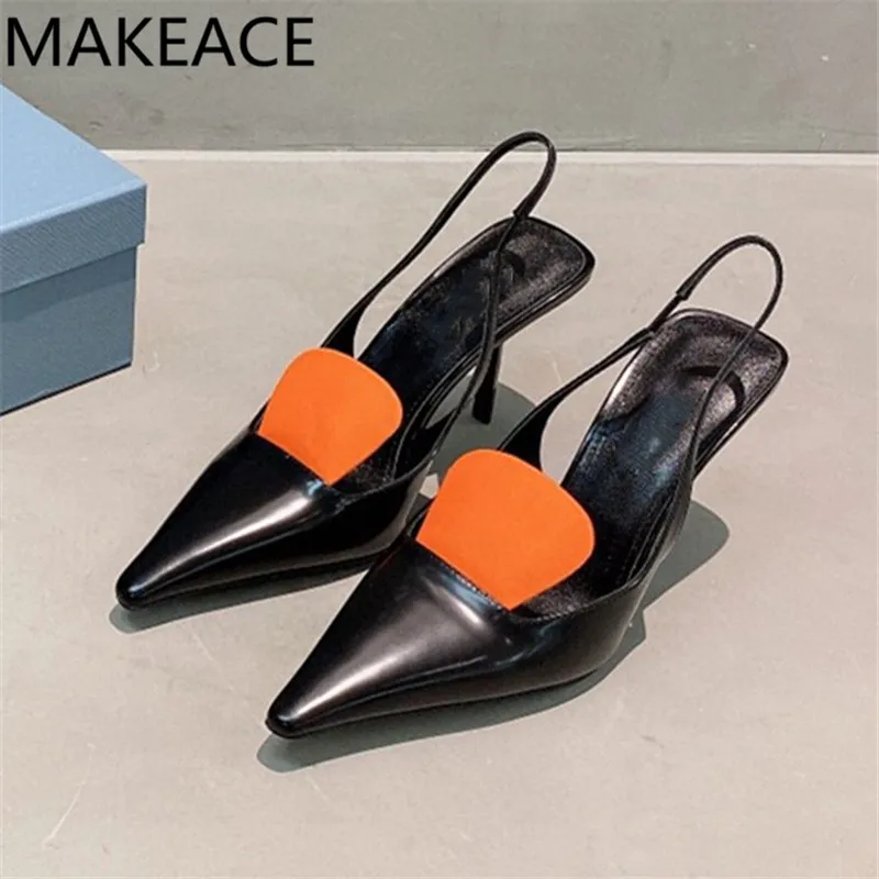 

Sexy High Heels Women Pumps Pointed Toe Leather Patchwork Slingbacks Ladies Runway Party Shoes Shoes Woman Heeled Women Sandals