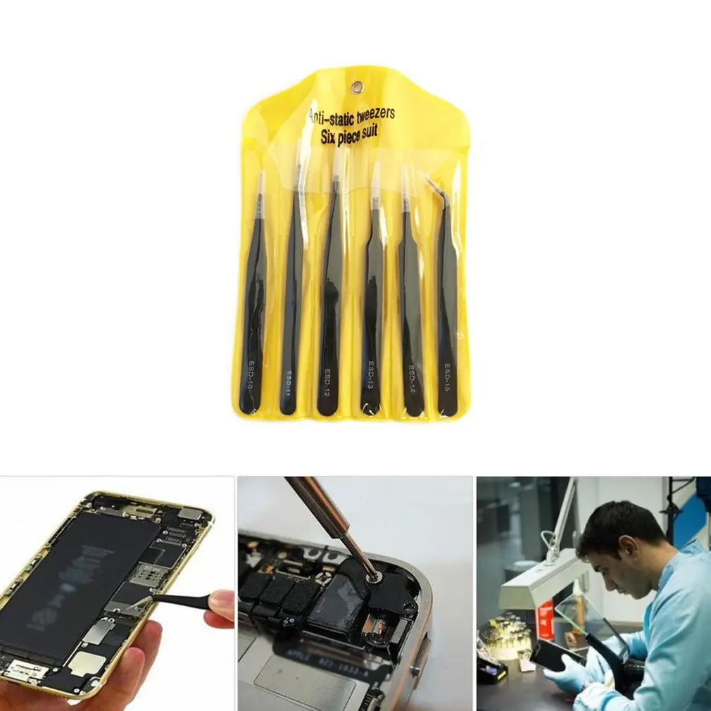 

6pcs Stainless Steel Pointed Tweezers Electronic Repair ESD Precision Tweezers Suitable For Installing Replacement Parts