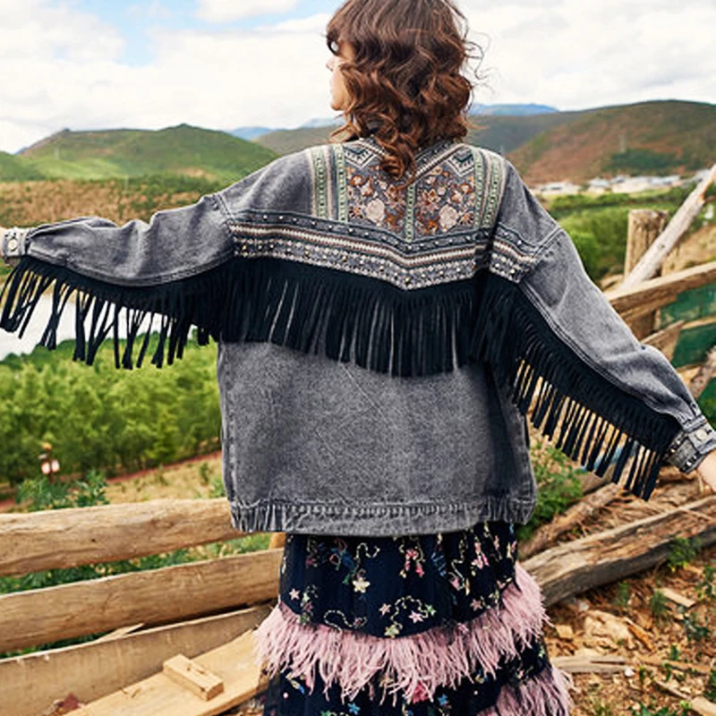 Женская джинсовая куртка с длинным рукавом цветочной вышивкой | одежда