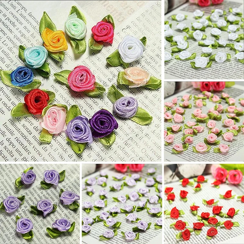 

100 Ribbon Rose Wedding Flower Decor Bow Appliques DIY Handcraft Sewing Satin Fabric Material Exquisite Clothing Corsage