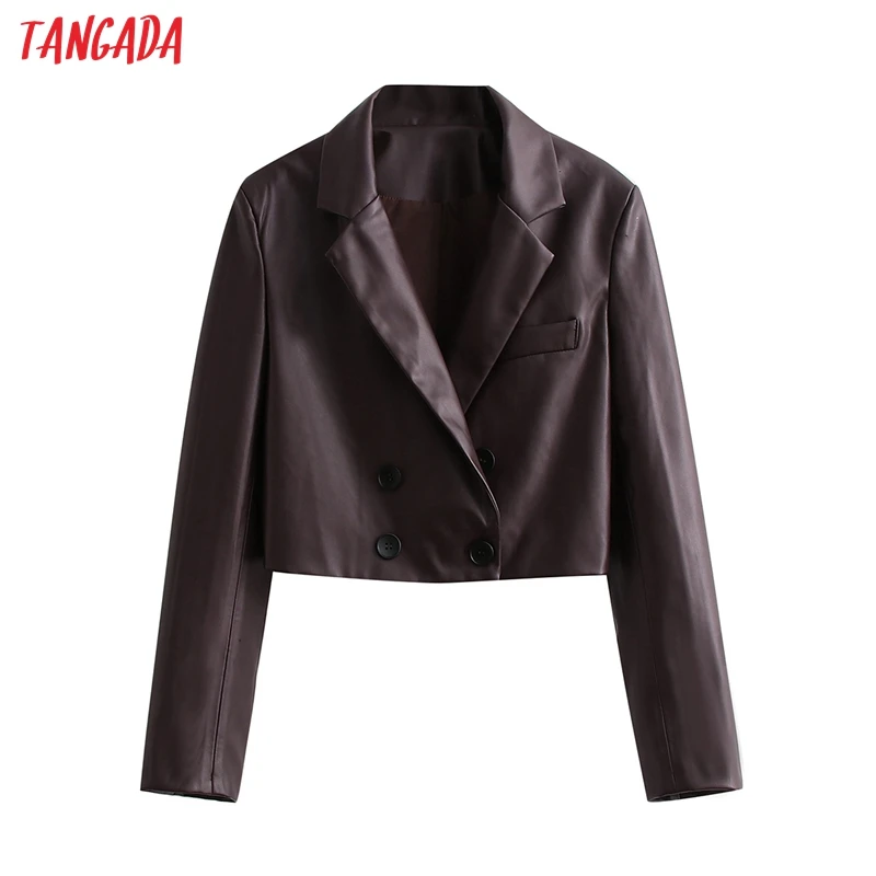 

Tangada Women 2021 Fashion Brown Faux Leather Crop Blazer Coat Vintage Double Breasted Long Sleeve Female Outerwear CH19