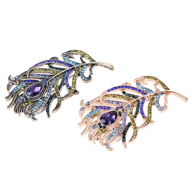 1pcs Boho Crystral Peacock Feathers Brooch Enamel Pins Deep Blue Brooches For Cloth Decorations Wedding Accessories | Украшения и
