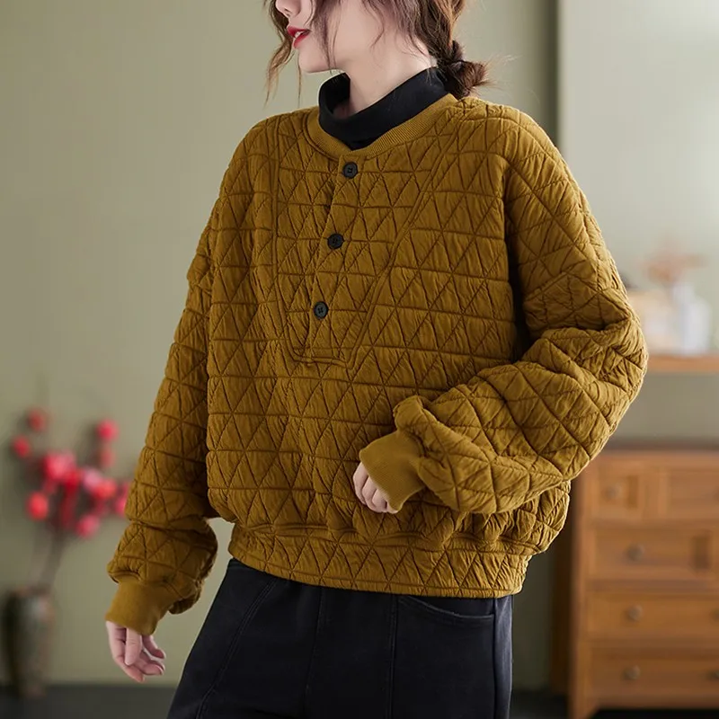 

Women Thick Cotton Casual Sweatshirts New 2021 Autumn Winter Korean Style Vintage Loose Female Long Sleeve Warm Pullovers B1476