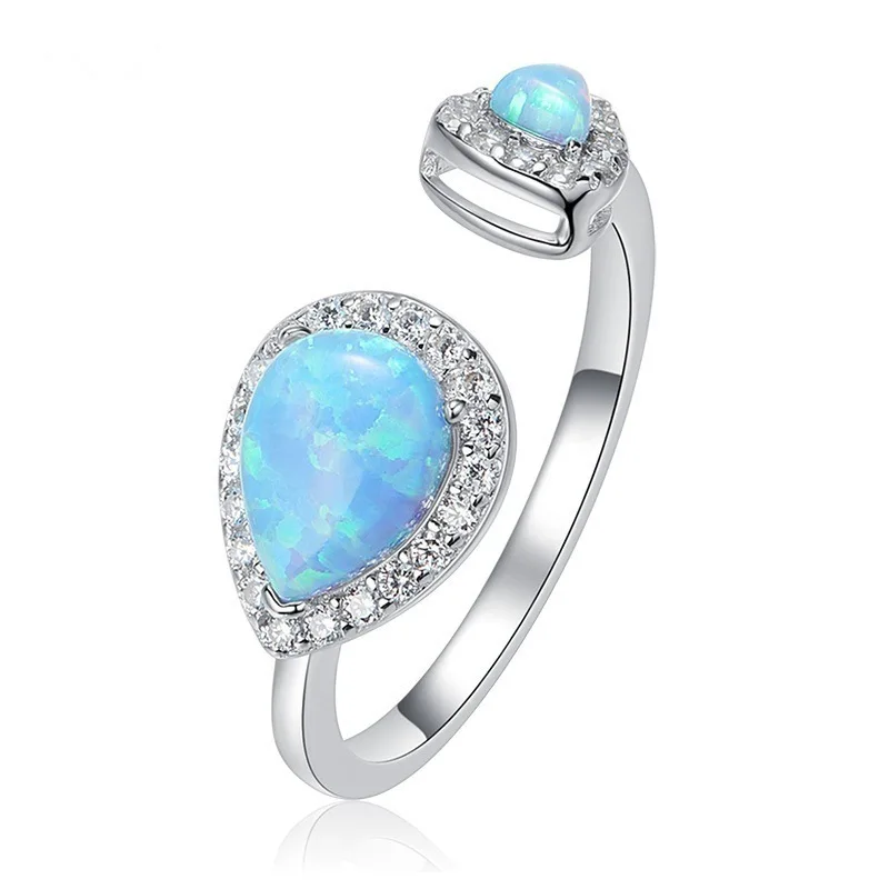 

Milangirl Classic Waterdrop Blue Opal Opening Ring for Women's Teardrop Shaped Inlaid CZ Crystal Zircon Female Adjustable Ring