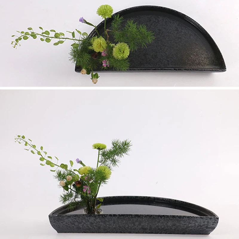 Черный Zen Винтаж грубая керамика полукруг японский цветочный горшок мелкий