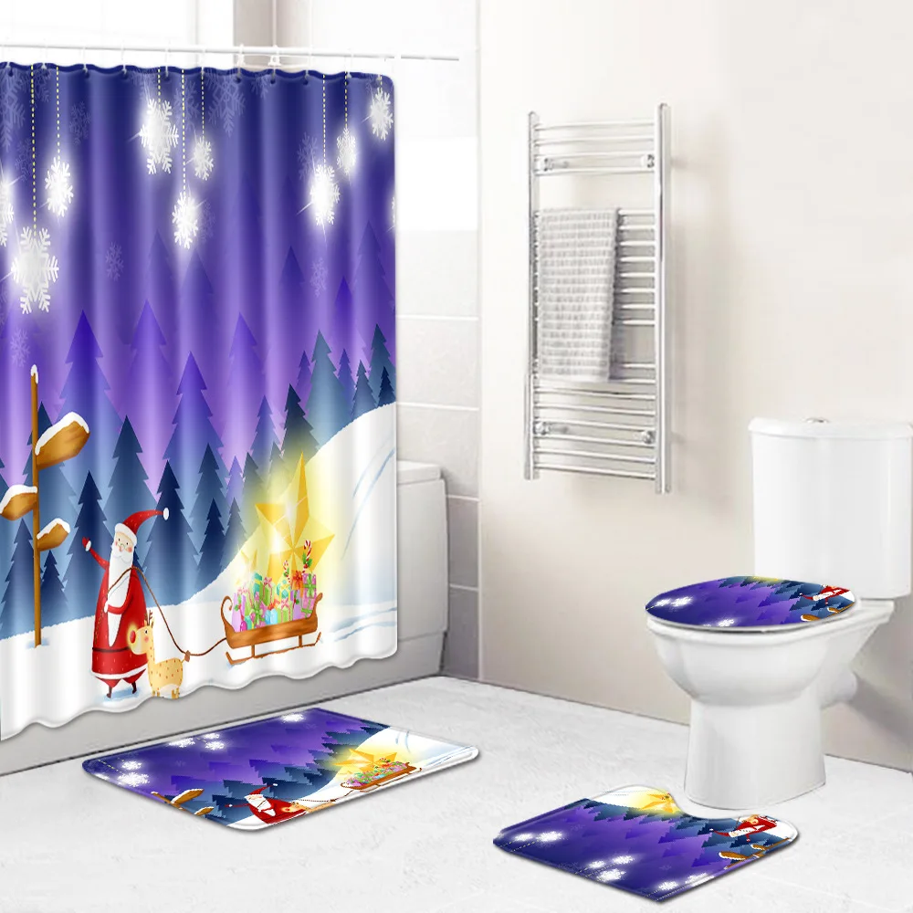

Zeegle Merry Christmas Shower Curtain Bathroom Curtain Anti-slip Foot Mat Bathroom Carpet Toilet Rug Absorbent Bath Mat Set