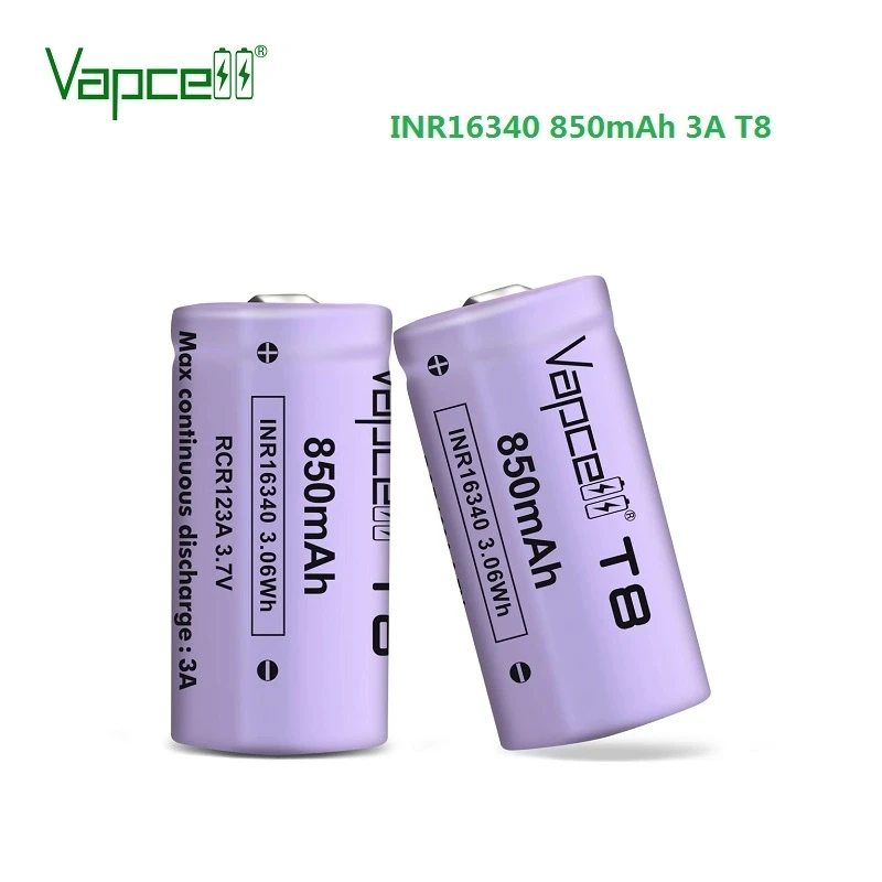 Vapcell Original 16340 850mah 3A T8 3.7V li ion battery rechargeable button top batteries for flashlight power tools HKJ test |