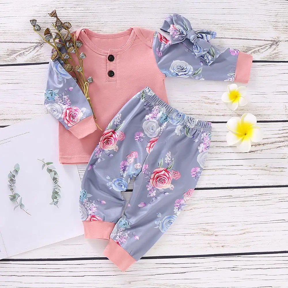 Комплект детской одежды из 3 предметов топ + штаны повязка на голову с цветочным