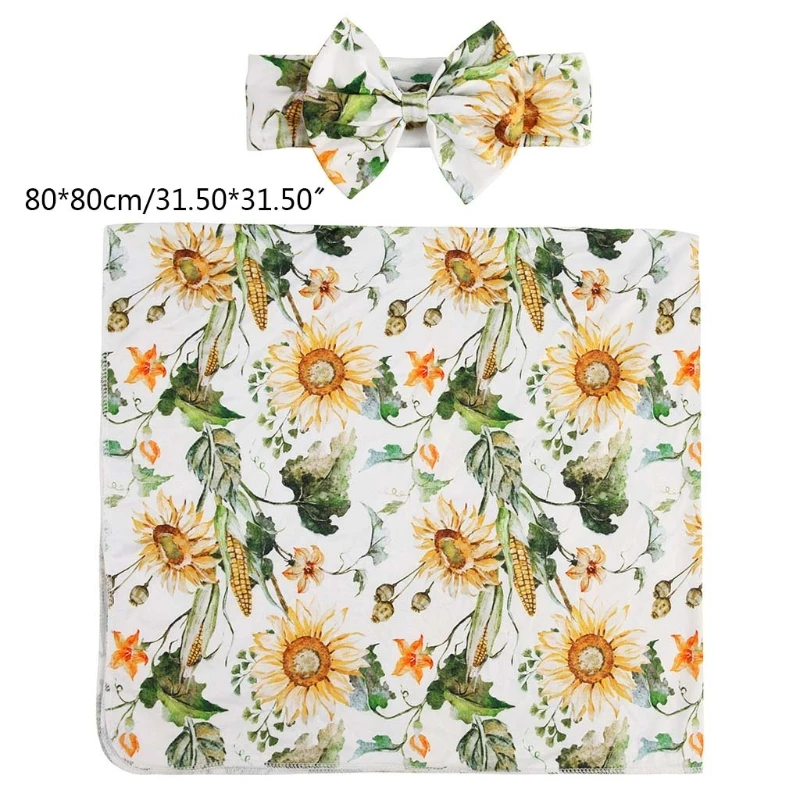 

2 Pcs Baby Floral Printed Receiving Blanket Headband Set Sleepsack Swaddle Wrap Hair Band Headwrap Kit for Newborn