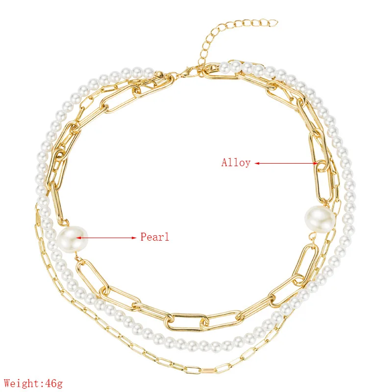 

Fashion New Design Multilayer Gold Link Chains Created Simulated Pearls Gold Clavicle Necklace for Women Female Party Collar