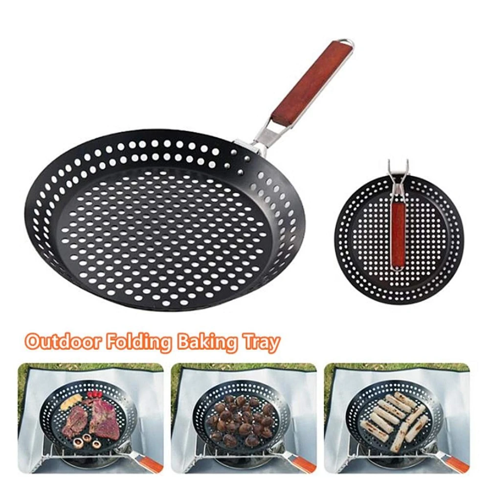 

1Pc Foldable Round Frying Pan Outdoor Camping Frying Pan Picnic BBQ Heat Resistant Steak Grilled Skillet
