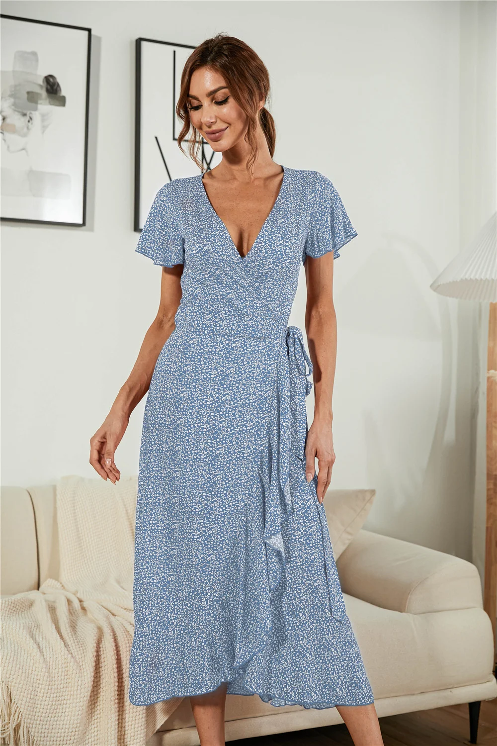 

Woman Floral Dress Sexy V-Neck Short Sleeve Bandage Elegant Dresses For Women Mid-Calf Robe Longue Femme Vestidos Casual Mujer